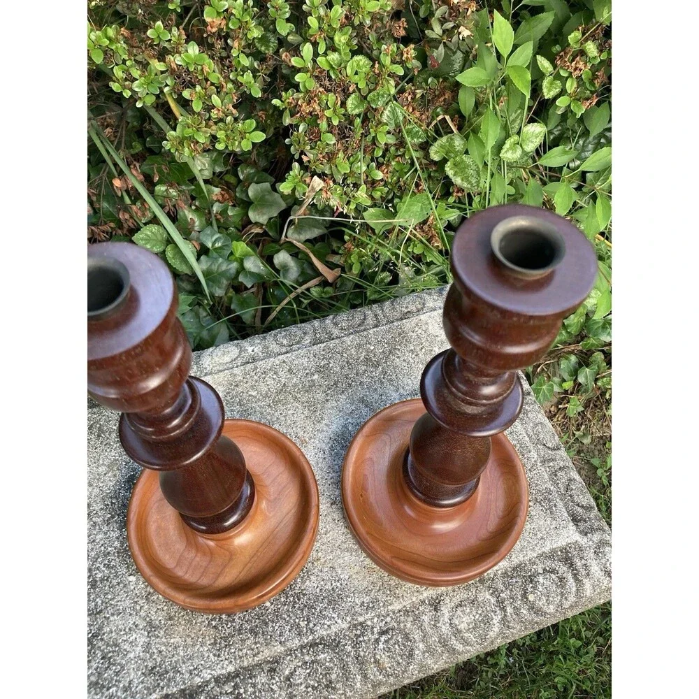 Vintage Hand Turned Wood Candlestick Taper Holders Brass Insert Fruitwood